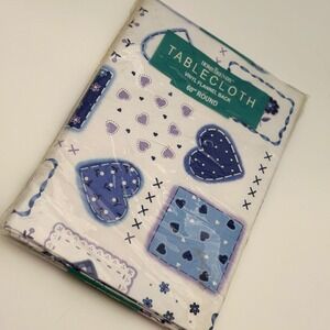 HomeTrends 60 Round Vinyl Flannel Back Tablecloth Blue Purple Heart Patchwork